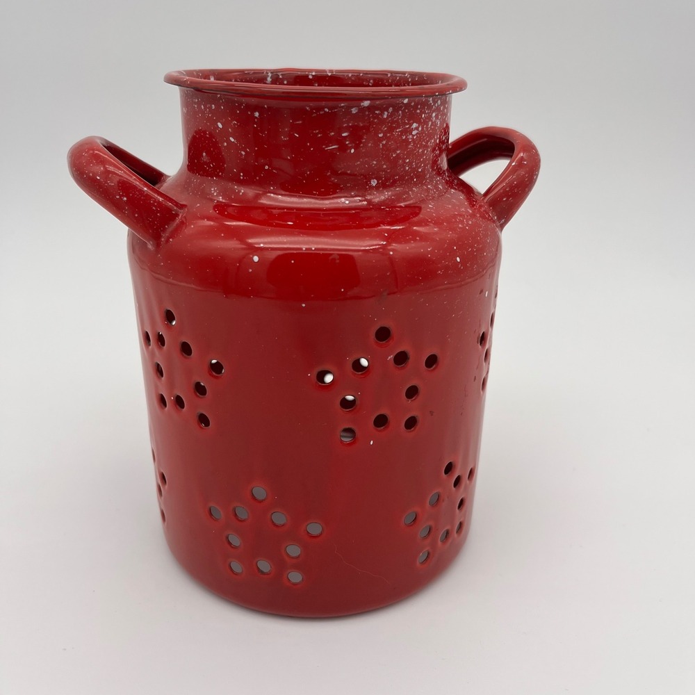 Red Enamelware Milk Can Candle Holder Star Cutout Luminary Farmhouse Decor
